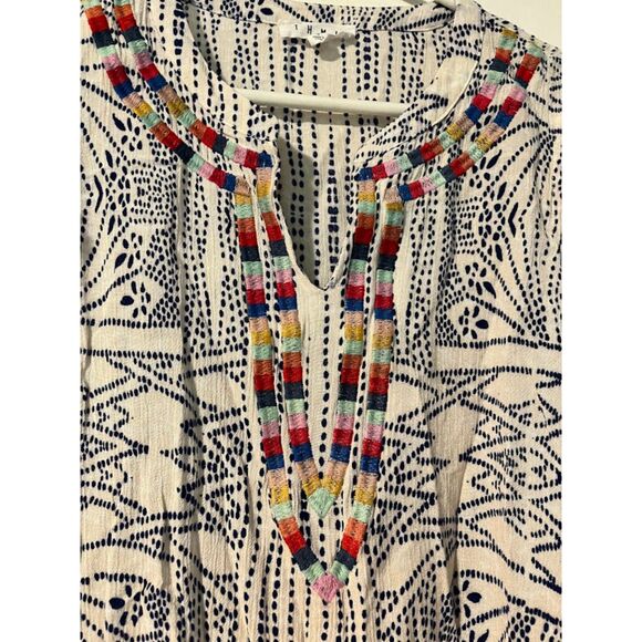 THML Anthropolgie Modern Boho Embroidered White/Blue Print Ruffle Cap Slve Top S - Picture 4 of 6